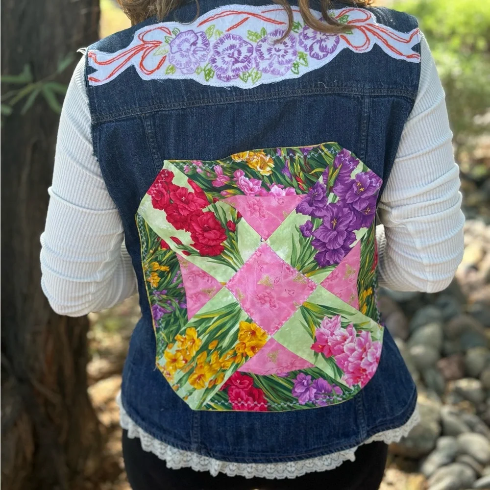 Upcycled Dolce and Gabbana Denim Vest with Floral Patches - Picture 4 of 10
